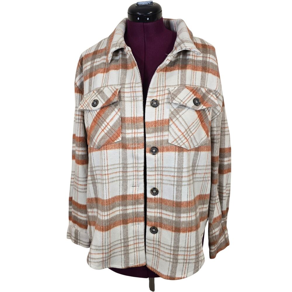 Women's Love Tree Tan Orange Plaid Flannel Shacket Jacket | Size Small